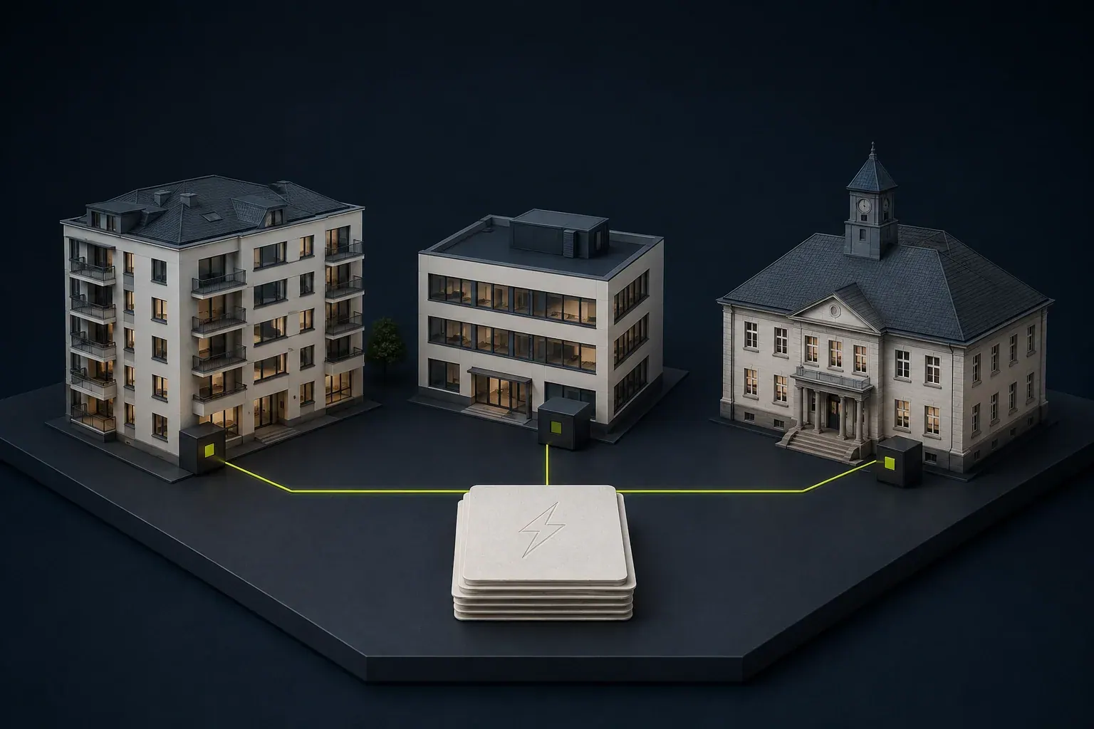 Illustration mehrerer Abnahmestellen, die für eine gemeinsame Energiebeschaffung zusammengeführt werden