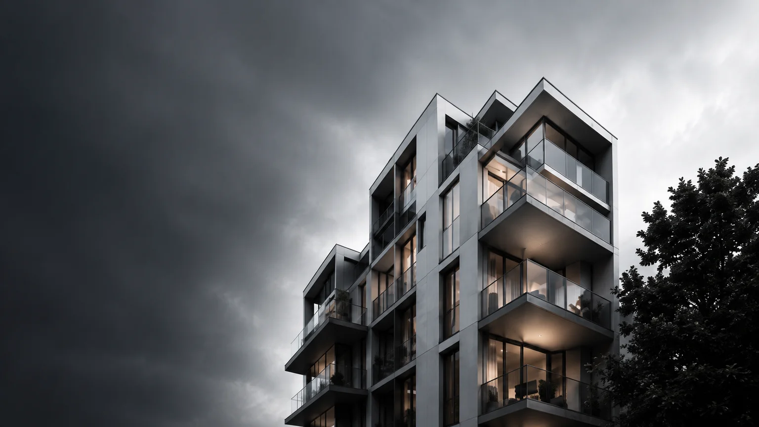 Monochrome Architekturvisualisierung eines Mehrfamilienhauses mit großzügigen Balkonen