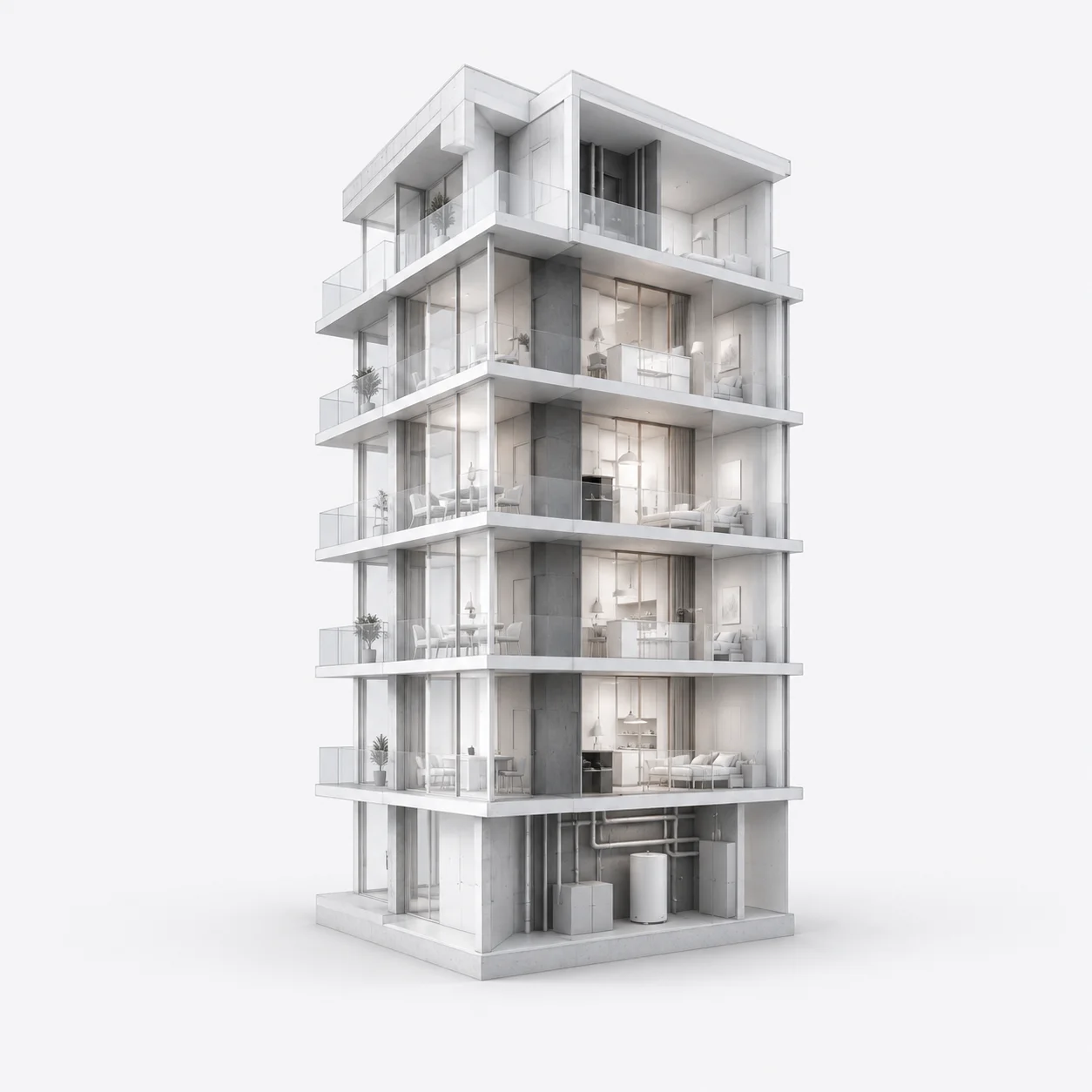 Architekturvisualisierung eines geöffneten Mehrfamilienhauses mit Wohnungen, Dach und Gebäudetechnik