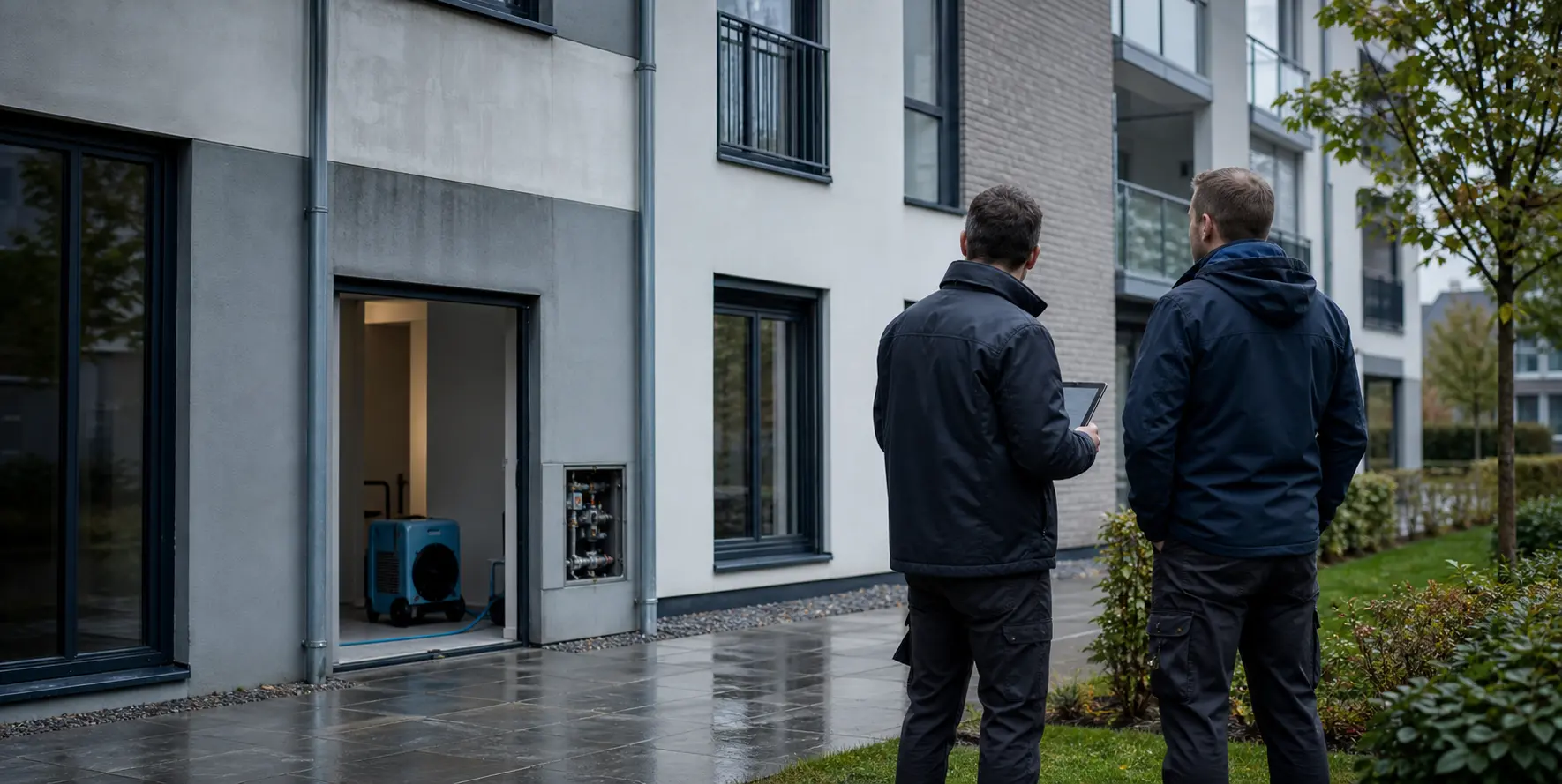 Hausverwaltung und technischer Partner prüfen einen Schaden an einem Wohngebäude